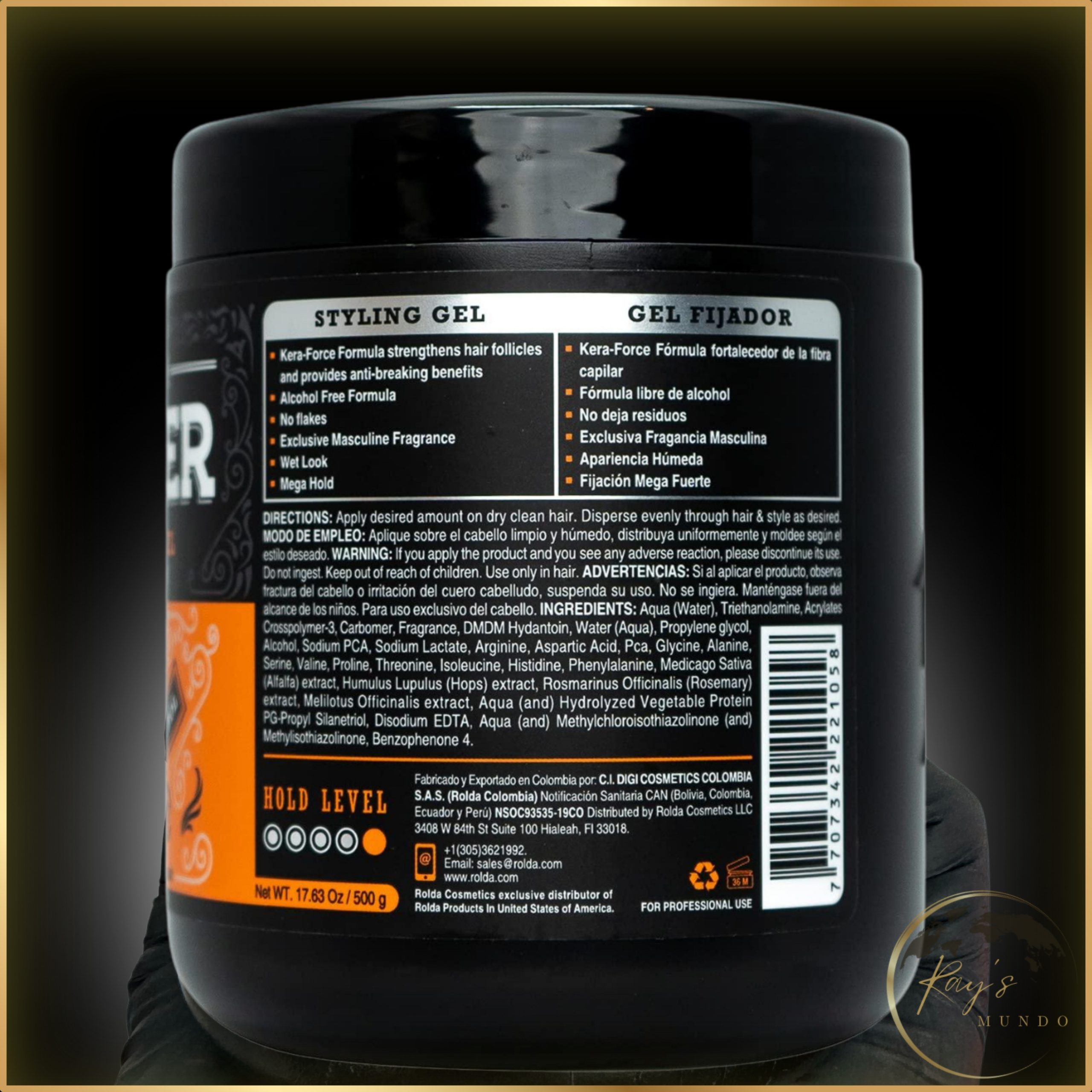 Rolda Orange Gel jar for men’s hair, photographed in clean lighting to show bold label and color