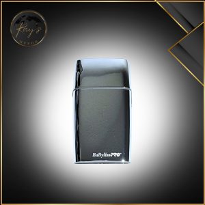 Angled side view of the silver BabylissPRO foil shaver showing the sleek body and dual foil head