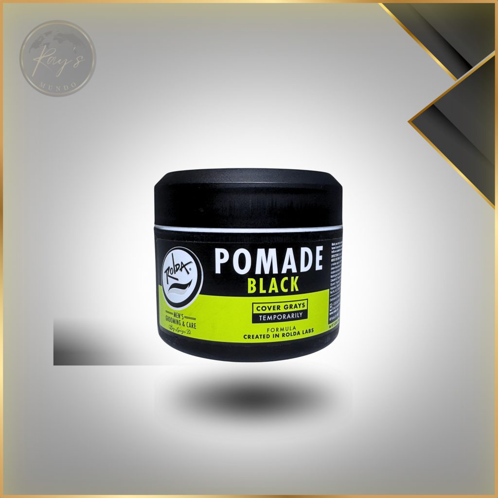 Front view of a 4.05oz jar of Rolda Black Hair Pomade with a sleek label, displaying medium hold and shine product details.